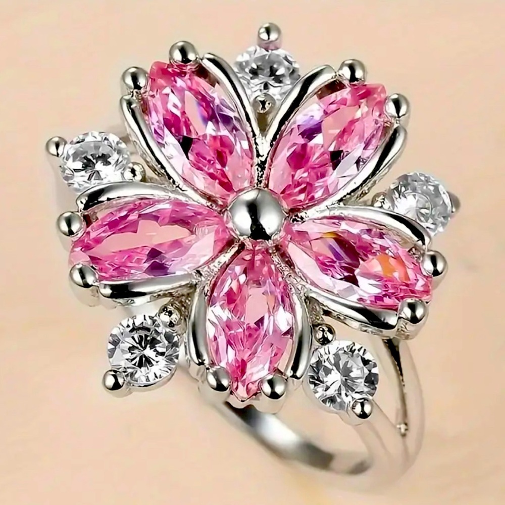 Pink and Clear zirconia gemstone daisy ring NWT available in size 7,8,9,10